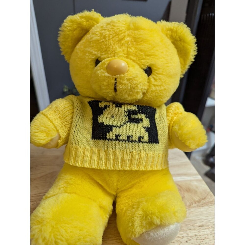 Fairview International Taiwan R.O.C yellow teddy bear w/ knitted dog sweater 12"